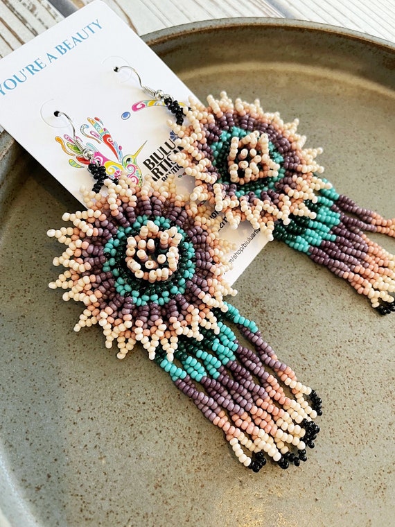 Boho Flower Earrings, Indigenous Made, Beaded Boho Earrings, Boho Beaded Earrings, Statement Earrings, Handmade | Biulu Artisan Boutique