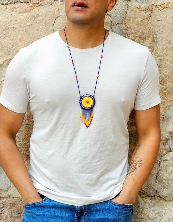 Native American Medallion Necklace, Huichol Jewelry, Beaded Huichol Necklace, Medicine Pouch for Sage, Tabacco, Leather Backing, Handmade