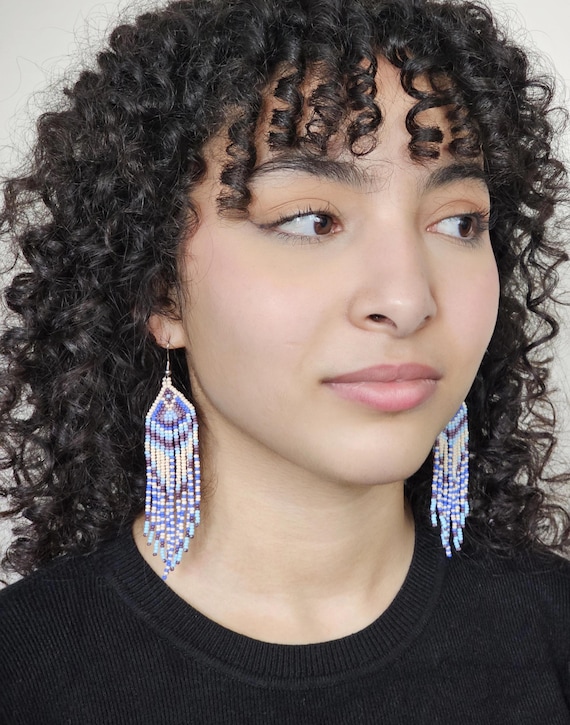 Blue Style Boho Earrings, Cream Boho Earrings Native American Beaded Earrings, Statement Earrings, Handmade | Biulu Artisan Boutique