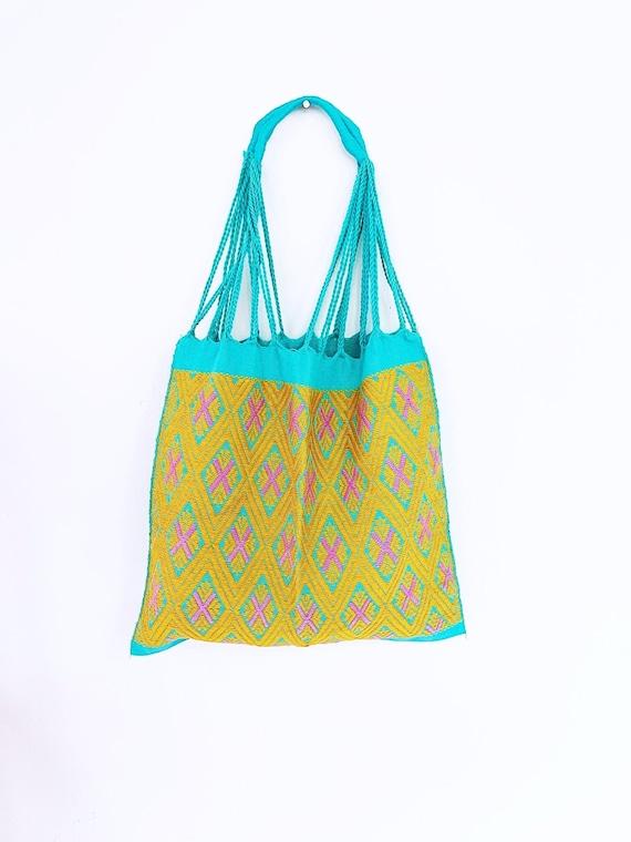 Embroidered Boho Bag, Chic Tote, Maya Tote Bag, Handloomed, Turquoise, Yellow, Indigenous Made, Handmade | Biulu Artisan Boutique