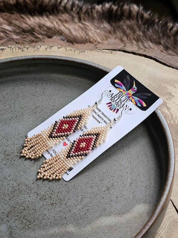 Handmade Boho Earrings, Native American Beaded Earrings, Beaded Boho Earrings, Indigenous Made, Short Skinny Earrings, Etsy Handmade