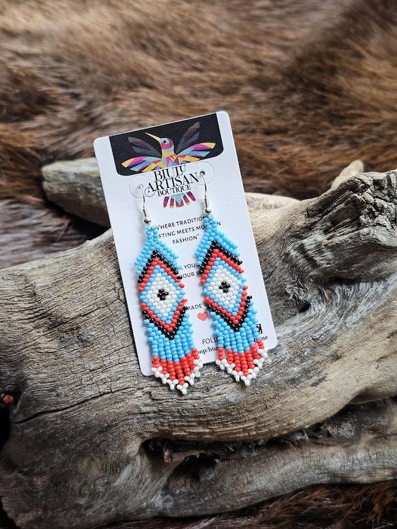 Handmade Boho Earrings, Native American Beaded Earrings ,Blue Beaded Boho Earrings, Indigenous Made, Short Skinny Earrings, Etsy Handmade