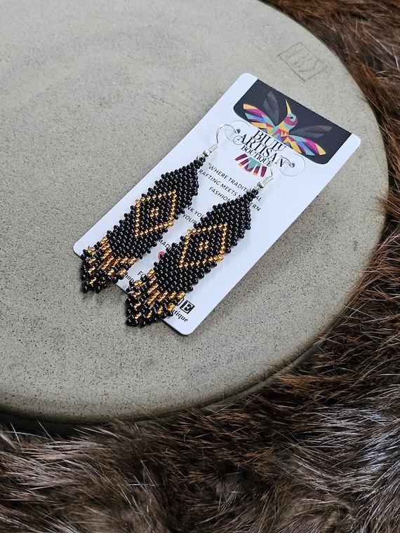 Elegant Handmade Boho Earrings, 3 inch Native American Beaded Earrings, Beaded Boho Earrings, Indigenous Made, Short Skinny Earrings, Black