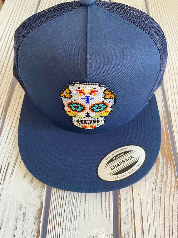 Sugar Skull Baseball Cap, Blue, Unisex Baseball Hat, Mexican Beadwork, Catrina, Indigenous Beadwork | Biulu Artisan Boutique