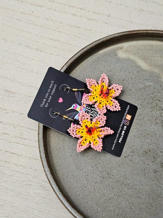 Dainty Pink Flower Earrings, Indigenous Made Beaded Earrings, Boho Chic Earrings, Native American Beaded Earrings, Handmade