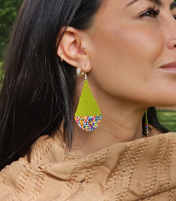 Teardrop Galaxy Beaded Earrings, Native American Style Beaded Earrings, Pop art earrings, Seed Bead Earrings, Tribal Fashion Earrings