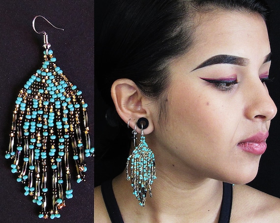 Dainty Gypsy Earrings, Turquoise Copper Galaxy, Seed Bead, Boho Chic, Native American Beaded Jewelry | Biulu Artisan Boutique