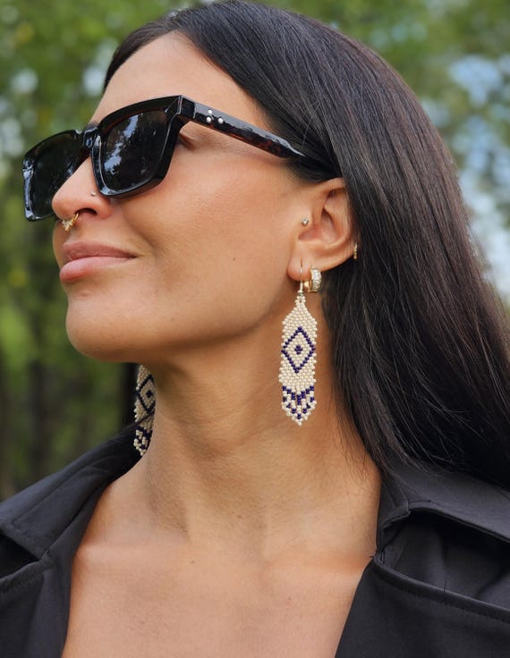 Handmade Boho Earrings, Native American Beaded Earrings, Beaded Boho Earrings, Indigenous Made, Short Skinny Earrings, Etsy Handmade