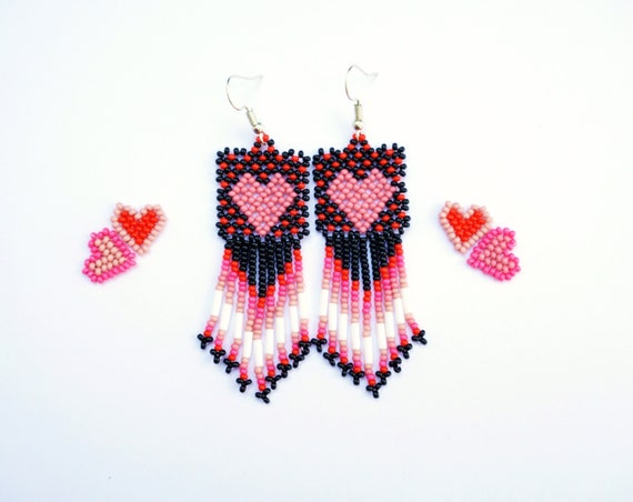 Boho Heart Earrings, Native American Beaded Earrings, Beaded Boho Earrings, Turquoise, Red Heart Earring, Dainty Heart Earrings, Boho Chic,