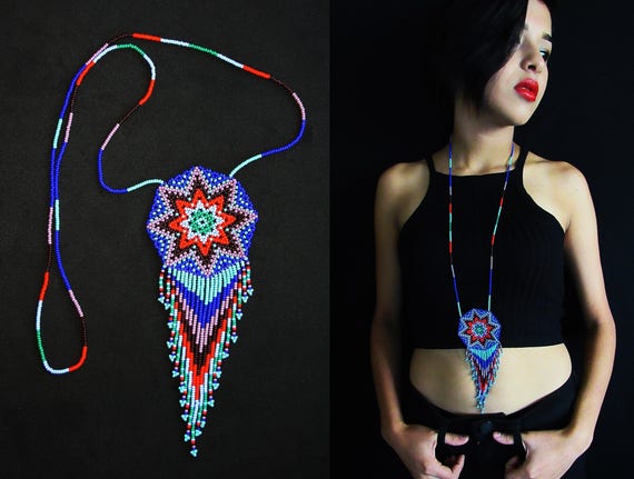 Tribal Medallion Necklace, Native American Style Beaded Necklace, Huichol Necklace, Beaded Sun Necklace, Starburst Necklace, Seed Bead