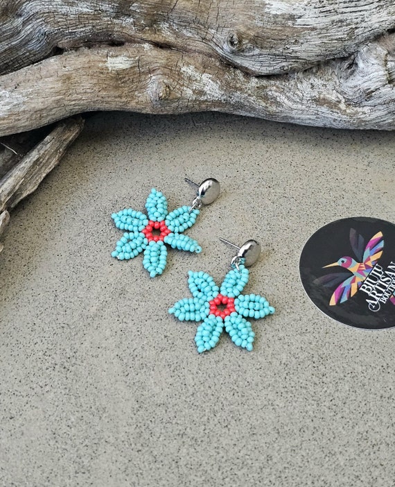 Post Hook Dainty Turquoise Flower Earrings, Indigenous Made Beaded Earrings, Boho Chic Earrings, Native American Beaded Earrings, Handmade