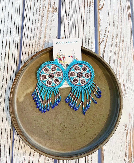 Native American Earrings, Beaded Boho Earrings, Peyote Huichol Earrings, Blue, Indigenous Made, Jewelry, Handmade | Biulu Artisan Boutique