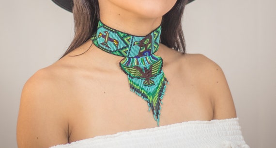 Native American Eagle Choker, Boho Choker, Beaded Choker, Huichol Choker Necklace, Native American Beaded Necklace, Thunderbird Choker