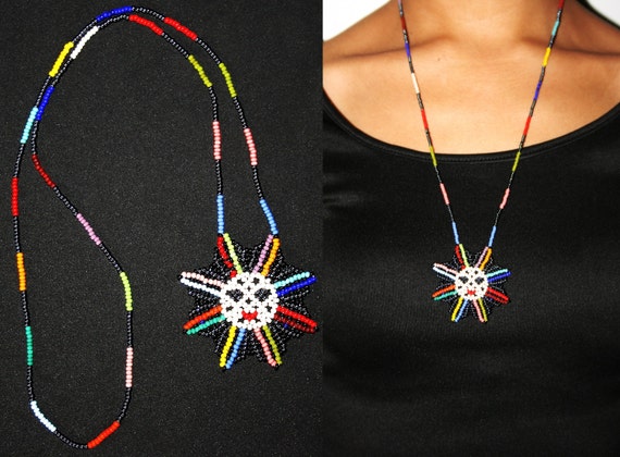 Festive Sun Necklace, Sun Jewelry, Beaded Sun Necklace, Huichol Necklace, Native Sun Necklace, Seed Bead Necklace, Hippie Sun Necklace