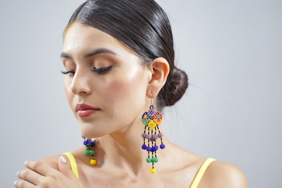 Colorful Abstract Beaded Earrings, Peyote, Rainbow Colors, Indigenous Made Earrings, Handmade, Native American Beaded Earrings, Boho