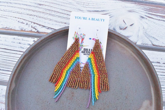 Copper Rainbow Earrings, Native American Beaded Earrings, Boho Chic, Copper, Rainbow, Seed Bead Earrings, Handmade | Biulu Artisan Boutique