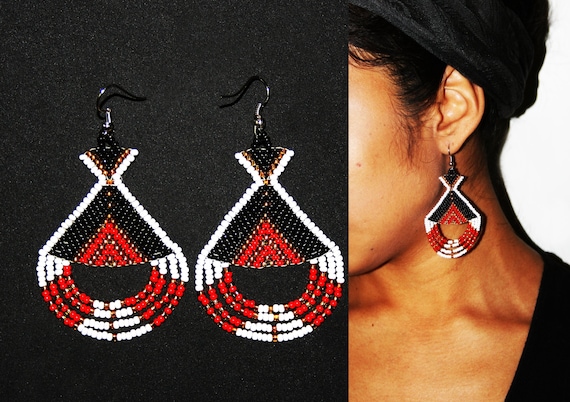 Aztec Earrings, Inca Earrings, Native Beaded Earrings, Native American Earrings, Traditional Beadwork, Tribal Fashion, Native Fashion