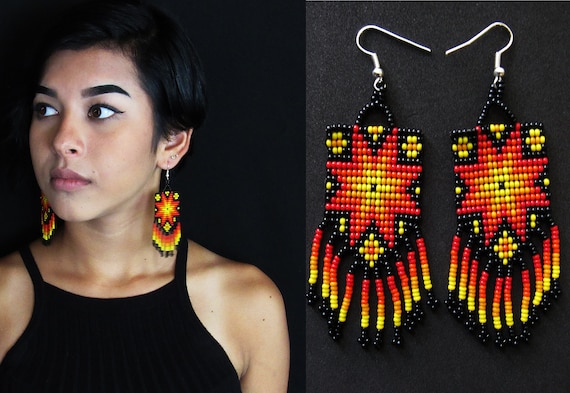 Tribal Boho Sun Earrings, Native American Style Starburst Earrings, Beaded Earrings, Huichol Earrings, Mexican Beaded Earrings, Authentic