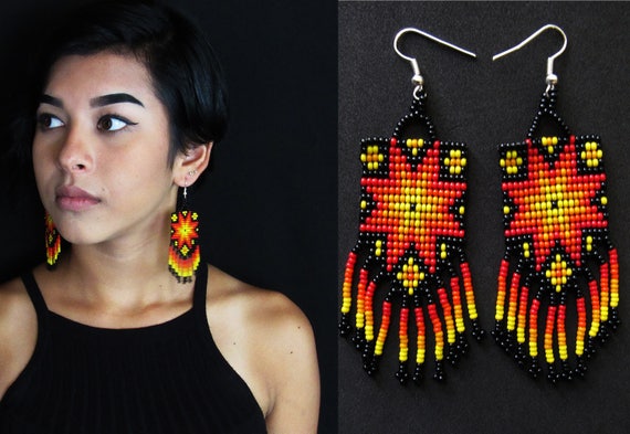 Tribal Boho Sun Earrings, Native American Style Starburst Earrings, Beaded Earrings, Huichol Earrings, Mexican Beaded Earrings, Authentic