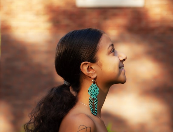 Turquoise Dangle Earrings, Beaded Huichol Earrings, Native American Indian Dangle Earrings, Hippie Earrings, Ethnic Earrings with Fringe