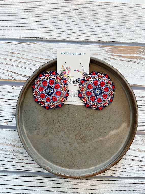 Sun Beaded Earrings, Native American Style Earrings, Blue, Red, Gold, Beaded Boho Earrings, Huichol Earrings, Etsy Jewelry, Handmade