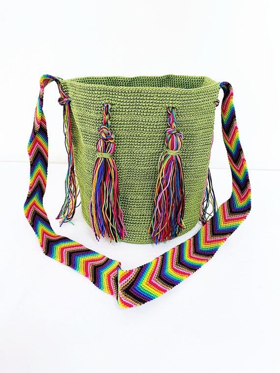 Boho Tassel Bag, Boho Shoulder Bag, Hobo Bag, With Fringe, Lime Green, Indigenous Made, Handmade Weaved Bag | Biulu Artisan Boutique