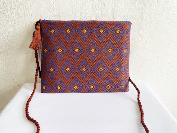 Handloomed Purse, Boho Crossbody Bag, Indigenous Made, Handmade Purse, Burnt Orange, Blue, Boho Clutch Purse | Biulu Artisan Boutique