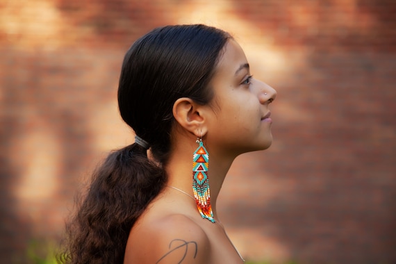 Geometric Earrings, Boho Unique, Seed Bead, Native American Beaded Earrings, Tribal, Handmade, Blue, Orange | Biulu Artisan Boutique