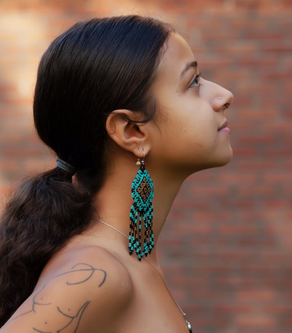 Aztec Earrings, Native American Beaded Earrings, Huichol, Turquoise Gold, Boho Chic, Tribal, Handmade - Biulu Artisan Boutique