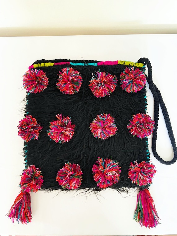 Boho Tote Bag, Pom Boho Bag, Black Shag Boho Bag, Handmade, Indigenous Made, Wool Boho Bag, Large Purse, Handmade | Biulu Artisan Boutique