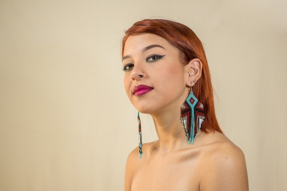 Boho Tribal Chandelier Earrings, Native American Beaded Earrings, Geometric Aztec Earrings, Large Dangling Earrings, Statement Earrings