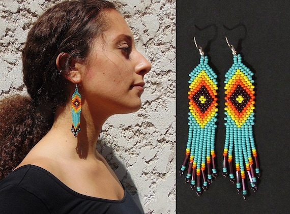 Turquoise Brick Stitch Earrings w/ Ojo de Dios, Huichol Earrings, Native American Beaded Earrings,Seed Bead Earrings, Traditional Beadwork