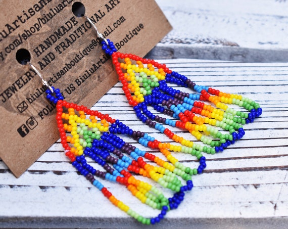 Dainty Colorful Boho Earrings, 2.25" Short Beaded Earrings, Contemporary Native Style Beaded Earrings, Rainbow Colors, Boho Chic Earrings