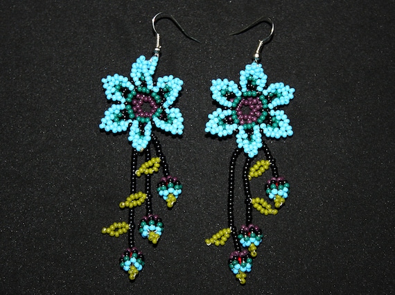 Beaded Huichol Earrings - Blue Dangling Earrings - Beaded Flower Earrings - Native American Earrings - Huichol Beadwork - Huichol Jewelry