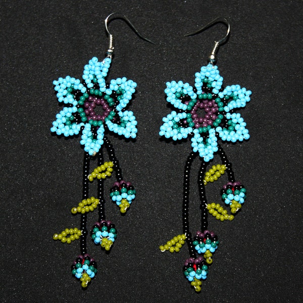 Perlen Huichol Ohrringe - Blaue Baumelnde Ohrringe - Perlen Blumen Ohrringe - Native American Ohrringe - Huichol Perlenarbeit - Huichol Schmuck