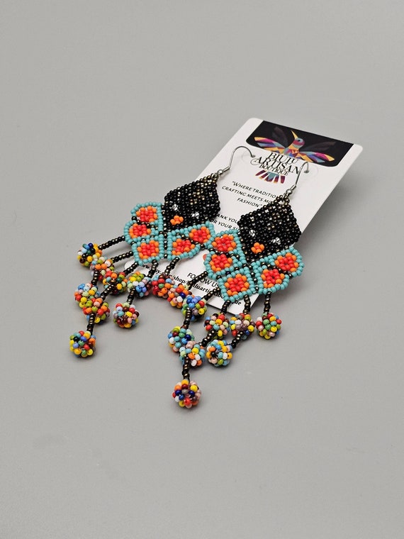 Huichol Beaded Earrings, Colorful,Mexican Folk Art Jewelry, El Venado, Deer, Spirit Guide, Native American Handmade | Biulu Artisan Boutique