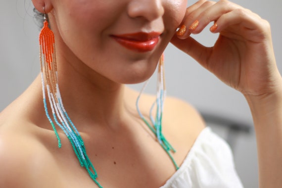 Boho Chandelier Earrings, Beaded Boho Earrings, Colorful Native Shoulder Duster Earrings, Indigenous Made Earrings, Handmade Earrings