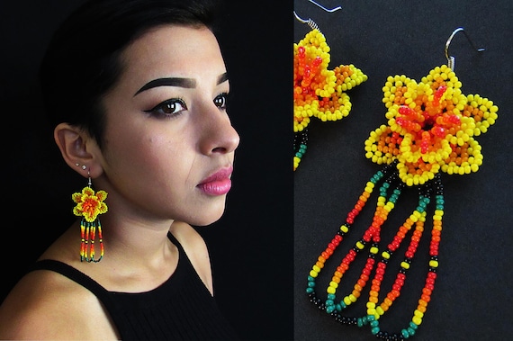 Yellow Huichol Flower Earrings, Mexican Beaded Flower Earrings, Native American Style Beaded Earrings, Beaded Huichol Earrings, Authentic