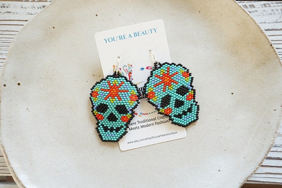 Mexican Skull Earrings, Boho Beaded Earrings, Dia de Los Muertos, Mexican Sugar Skull, Seed Bead, Handmade | Biulu Artisan Boutique