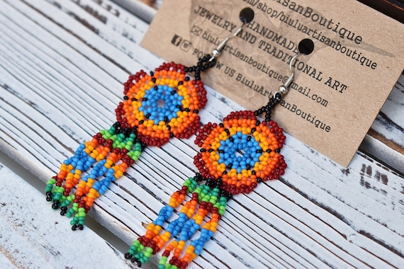 Peyote Earrings, Native American Beaded Earrings, Colorful, Seed Bead, Boho Dainty Earrings, Huichol Jewelry, Indigenous Made, Etsy Earrings