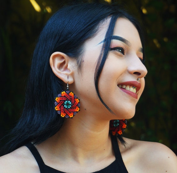 Geometric Mandala Earrings, Native American Style Earrings, Beaded Boho Chic Earrings, Huichol Earrings, Etsy Jewelry, Handmade