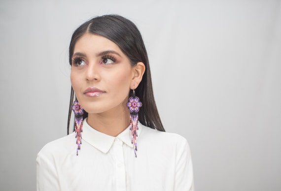 Long Beaded Earrings, Chandelier Flower Earrings, Native American Should Dusters, Chic, Purple, Boho Handmade Earrings, Indigenous Made