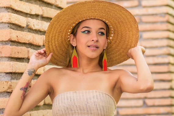 Gold Boho Beaded Earrings, Contemporary Native American Beaded Earrings, Matte Gold Bright Red, Dangle Earrings, Tribal High Fashion