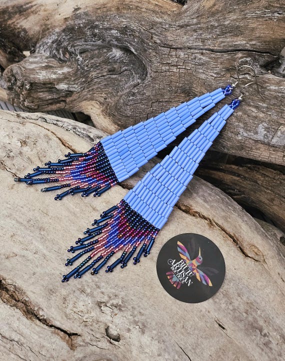 Beaded Boho Long Earrings, Native American Beaded Earrings, Boho Tribal Earrings, Seed Bead Boho Earrings, Indigo Earrings, Unique Earrings