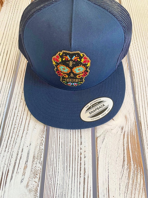 Sugar Skull Baseball Cap, Blue, Unisex Baseball Hat, Mexican Beadwork, Catrina, Indigenous Beadwork | Biulu Artisan Boutique