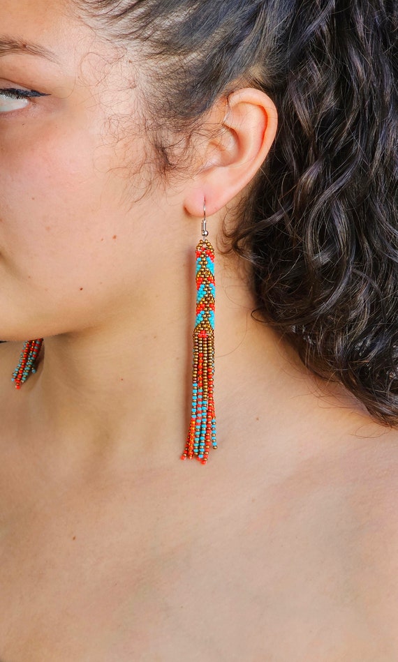 Long Beaded Tube Earrings, Native Style Beaded Earrings, Boho, Seed Bead, Tribal Fashion, Huichol, Handmade | Biulu Artisan Boutique