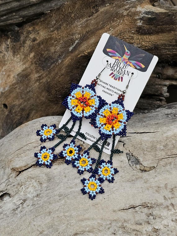 Boho Floret Earrings, Huichol Earrings, Native American Flower Earrings, Native Beaded Earrings, Southwestern Florette Earrings