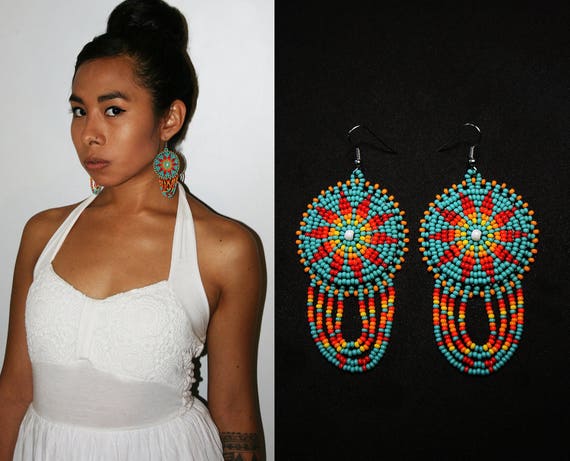 Turquoise Bohemian Sun Earrings, Native American Style Beaded Earrings, Beaded Boho Earrings, Tribal Sun Earrings, Small Medallion