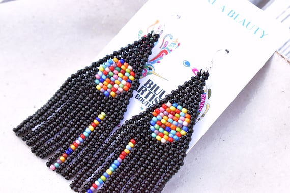 Sun Earrings, Native American Beaded Earrings, Black, Boho Sun, Hippie Tribal, Seed Bead, Colorful Handmade Jewelry - Biulu Artisan Boutique