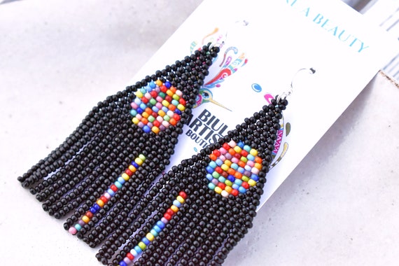 Sun Earrings, Native American Beaded Earrings, Black, Boho Sun, Hippie Tribal, Seed Bead, Colorful Handmade Jewelry - Biulu Artisan Boutique